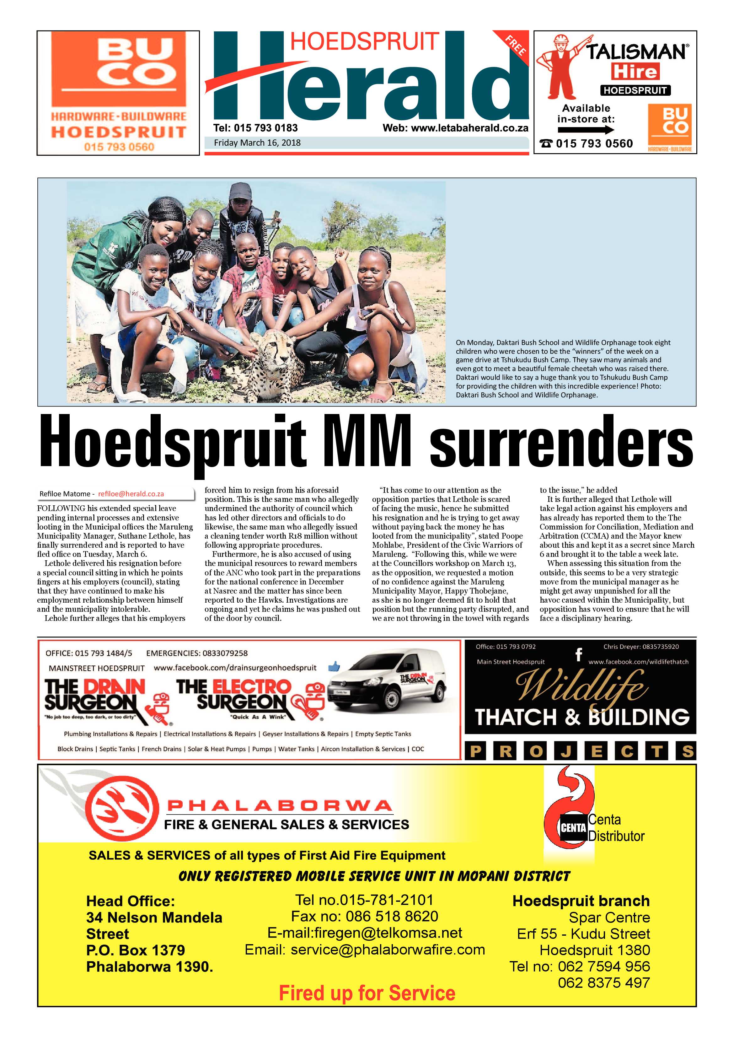 Hoedspruit Herald – 16 March 2018 page 1