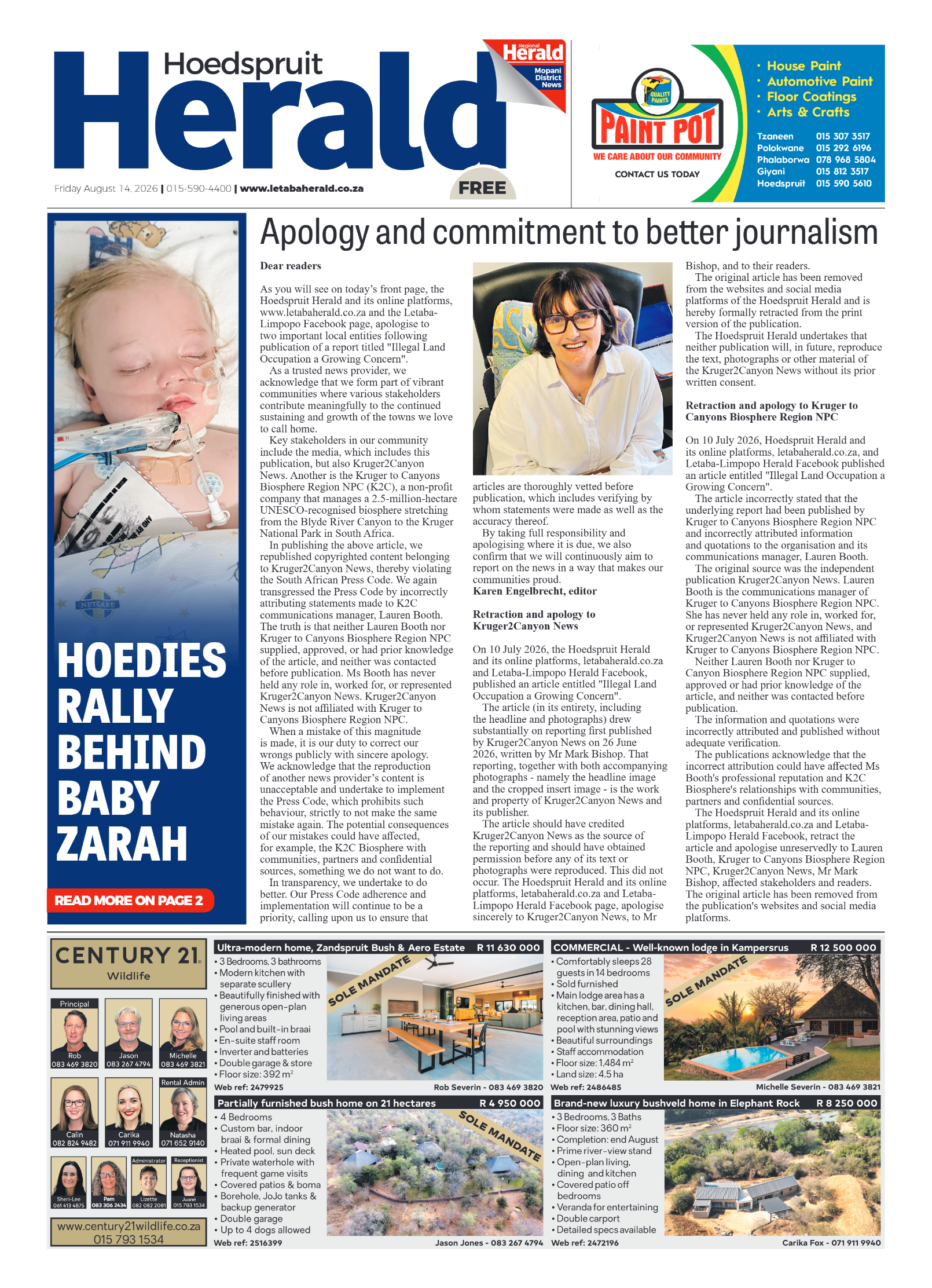 Hoedspruit Herald 14 August 2026 page 1