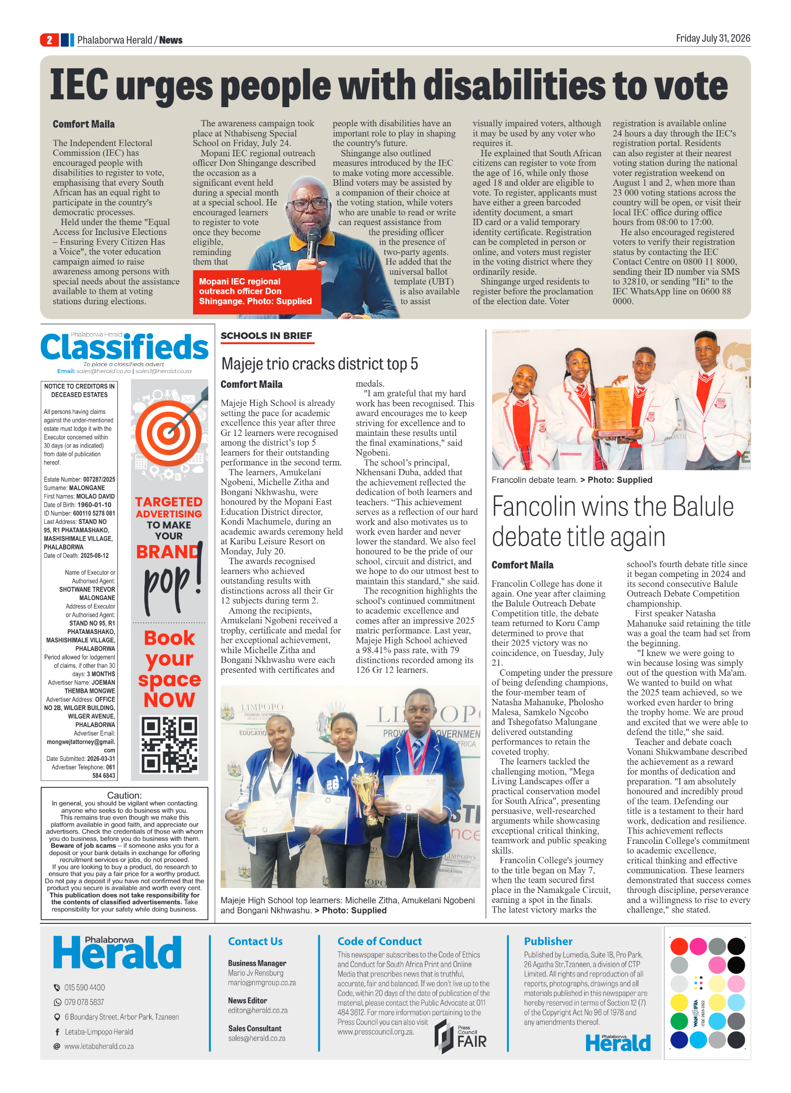 Phalaborwa Herald 31 July 2026 page 2